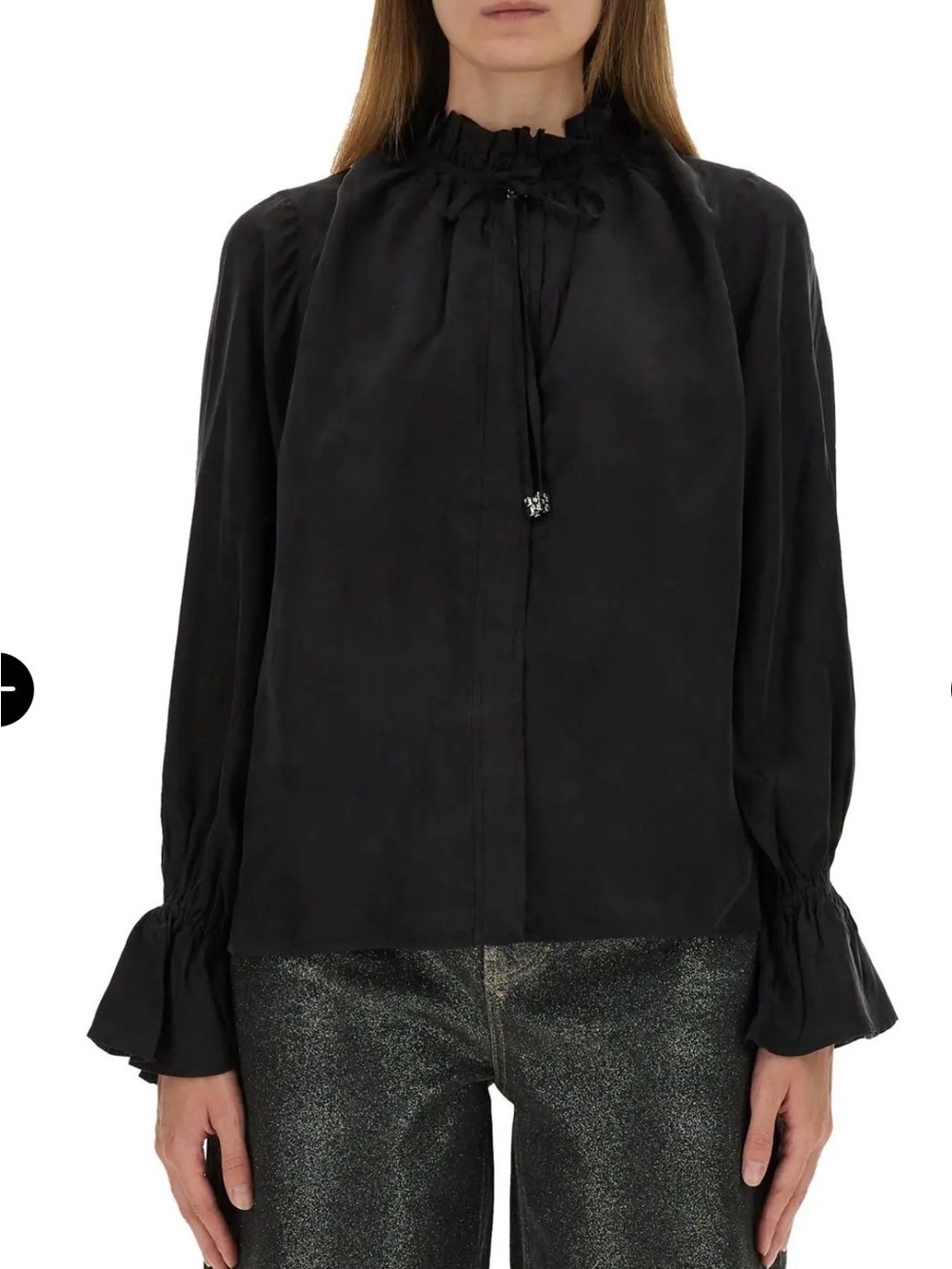 NWT Ganni Black Ruffle Tie-Neck Long Sleeve Blouse. Size 38 - so stylish